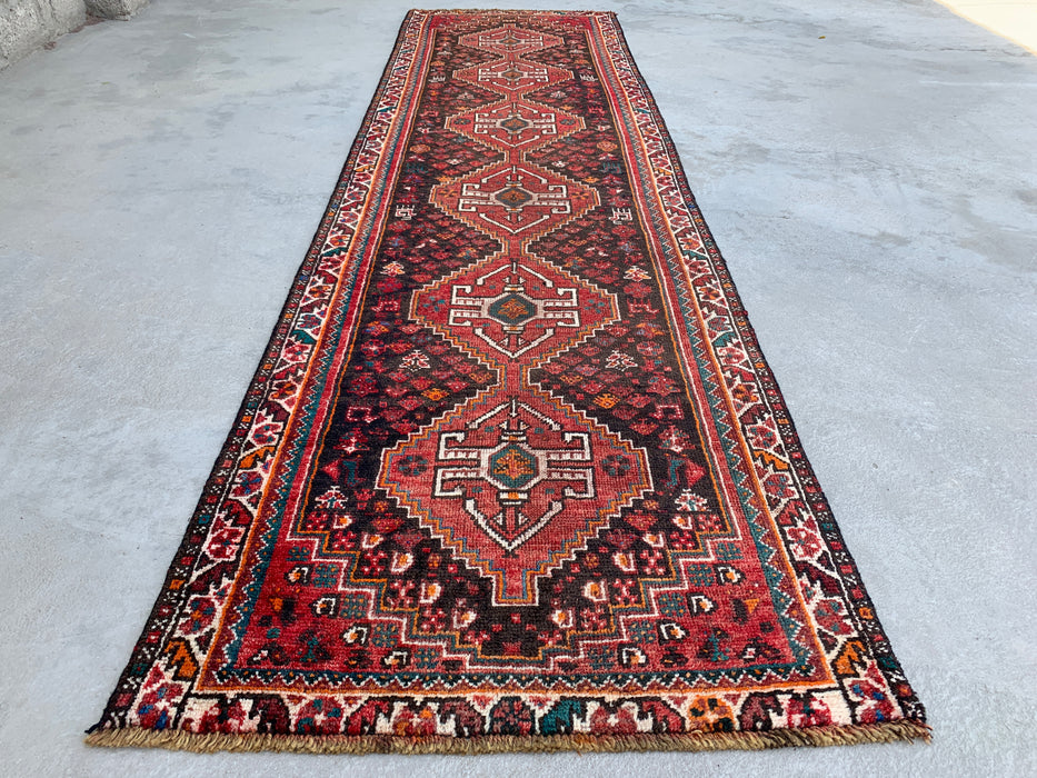 10'11" x 2'11" Hand-Knotted Persian Wool Runner Rug – Red, Brown & Ivory Tribal Medallion Design – KBHM-799