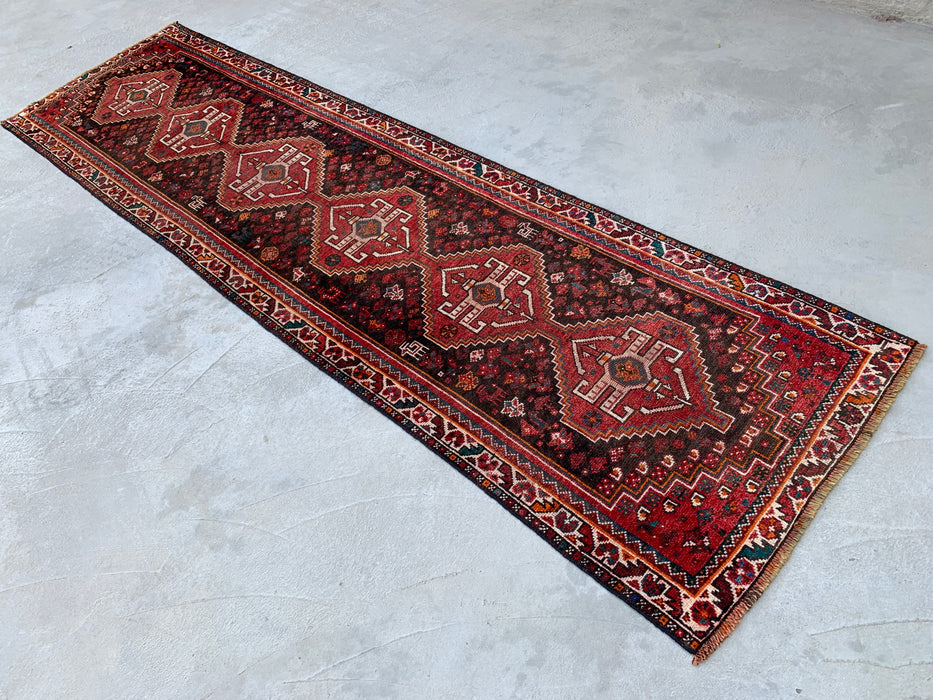 10'11" x 2'11" Hand-Knotted Persian Wool Runner Rug – Red, Brown & Ivory Tribal Medallion Design – KBHM-799