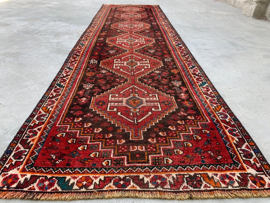 10'11" x 2'11" Hand-Knotted Persian Wool Runner Rug – Red, Brown & Ivory Tribal Medallion Design – KBHM-799
