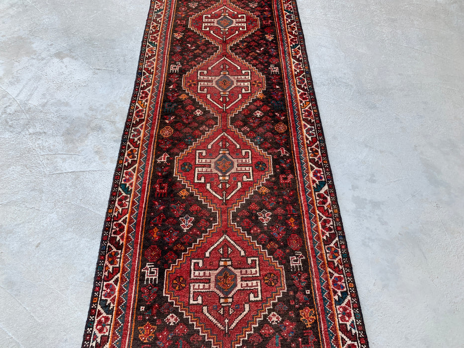 10'11" x 2'11" Hand-Knotted Persian Wool Runner Rug – Red, Brown & Ivory Tribal Medallion Design – KBHM-799