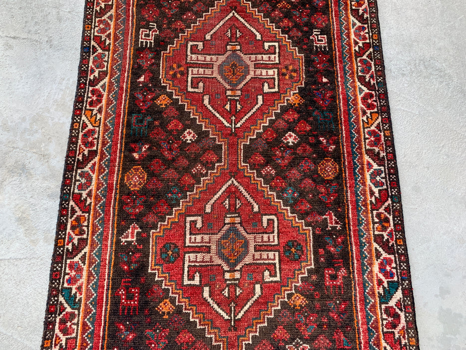 10'11" x 2'11" Hand-Knotted Persian Wool Runner Rug – Red, Brown & Ivory Tribal Medallion Design – KBHM-799