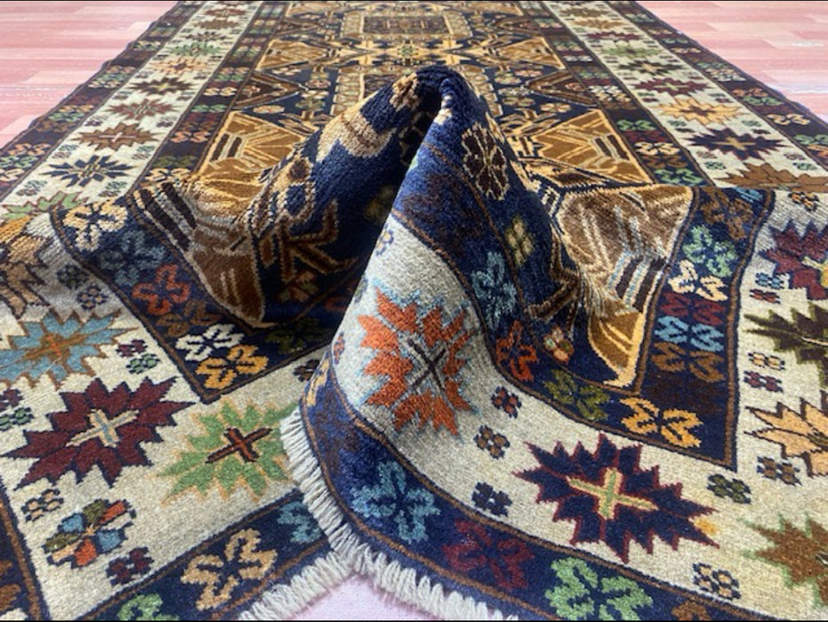 3’11” x 6’8” Hand-Knotted Caucasian Wool Runner – Deep Indigo & Earth Tones