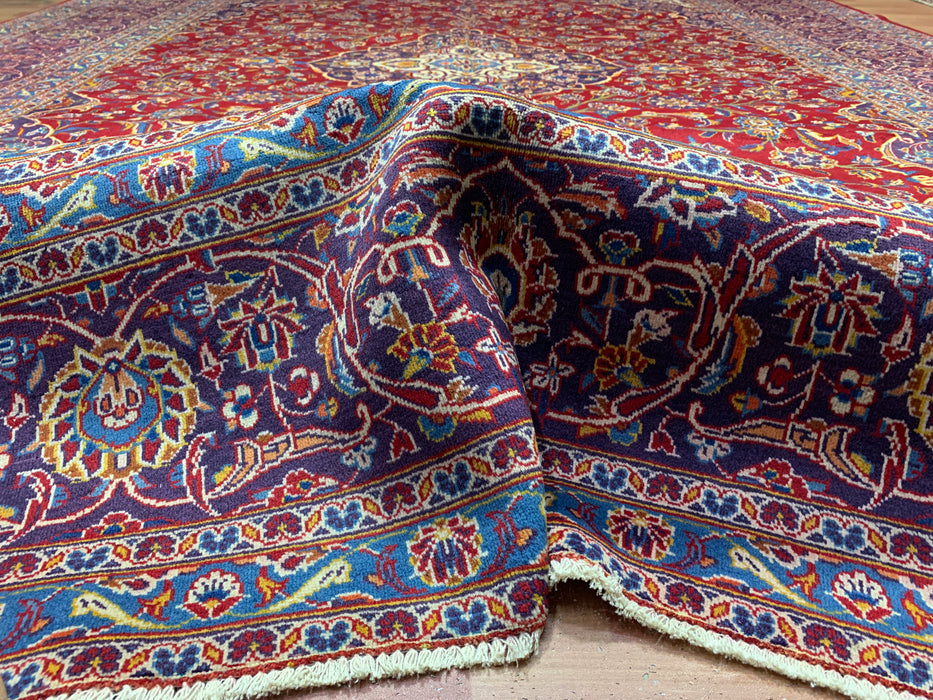 9’8” × 12’11” Hand-Knotted Wool Rug – Red with Navy & Light Blue Floral Medallion Design