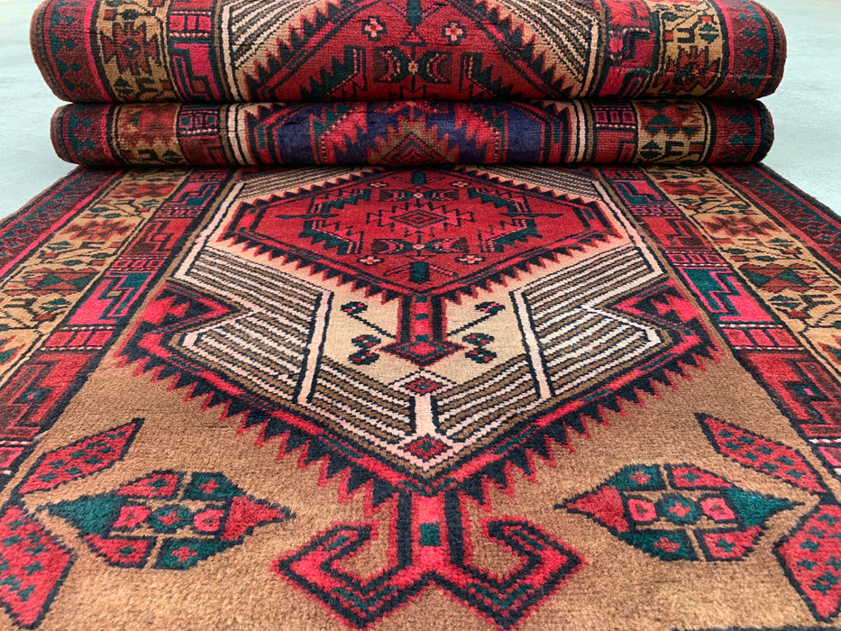 9'9" x 2'4" Hand-Knotted Persian Wool Runner Rug – Camel, Red & Ivory Tribal Medallion Design – KBHM-800
