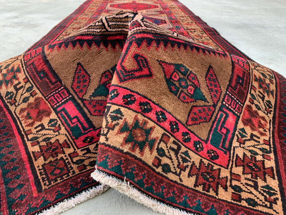 9'9" x 2'4" Hand-Knotted Persian Wool Runner Rug – Camel, Red & Ivory Tribal Medallion Design – KBHM-800
