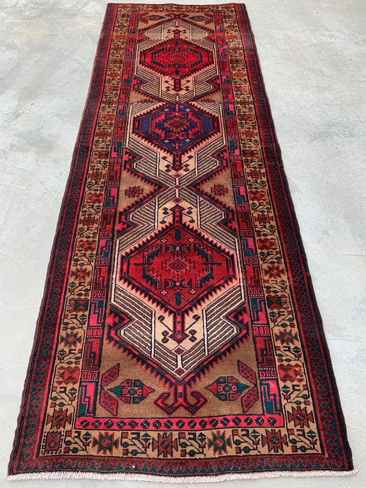 9'9" x 2'4" Hand-Knotted Persian Wool Runner Rug – Camel, Red & Ivory Tribal Medallion Design – KBHM-800