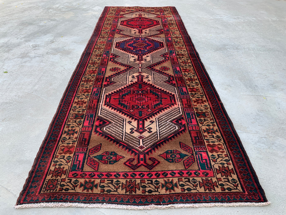 9'9" x 2'4" Hand-Knotted Persian Wool Runner Rug – Camel, Red & Ivory Tribal Medallion Design – KBHM-800