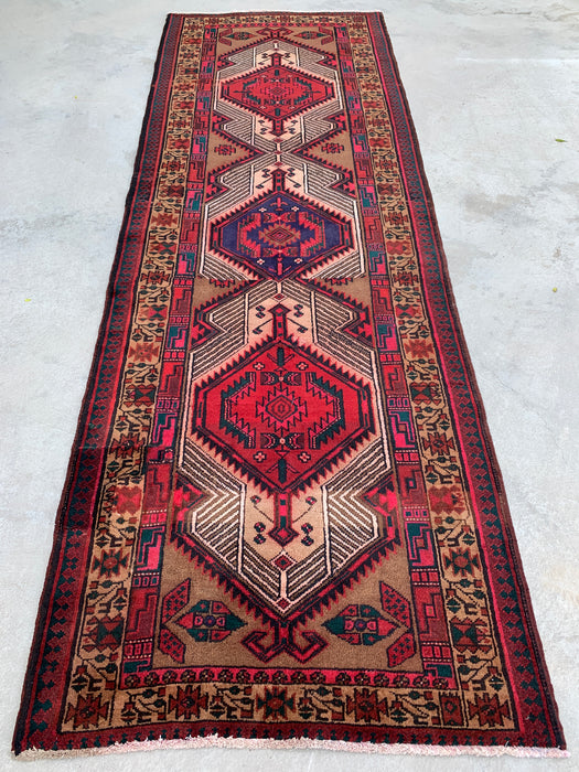 9'9" x 2'4" Hand-Knotted Persian Wool Runner Rug – Camel, Red & Ivory Tribal Medallion Design – KBHM-800