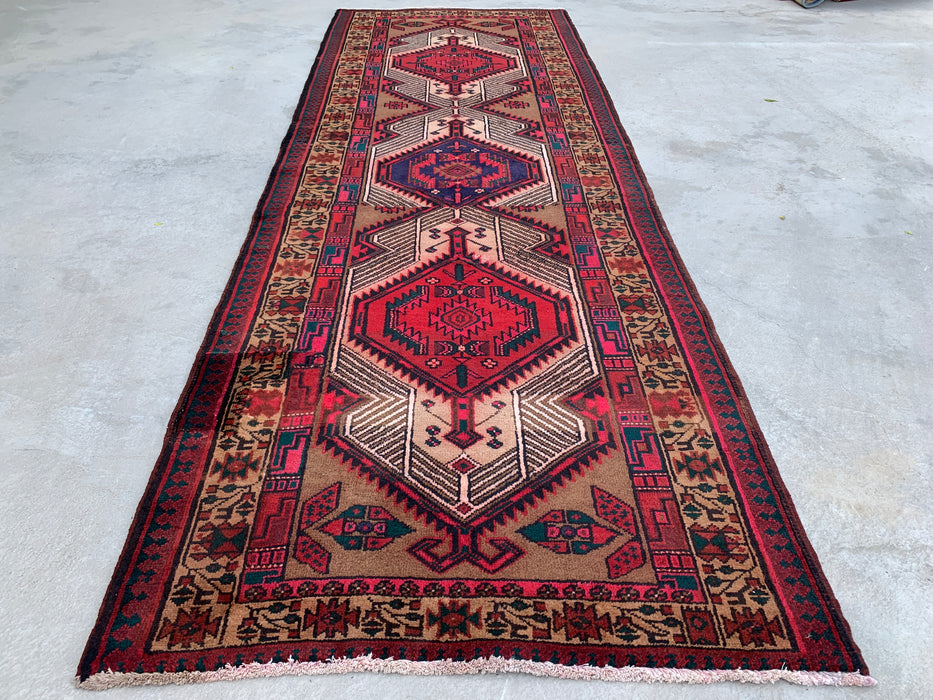 9'9" x 2'4" Hand-Knotted Persian Wool Runner Rug – Camel, Red & Ivory Tribal Medallion Design – KBHM-800