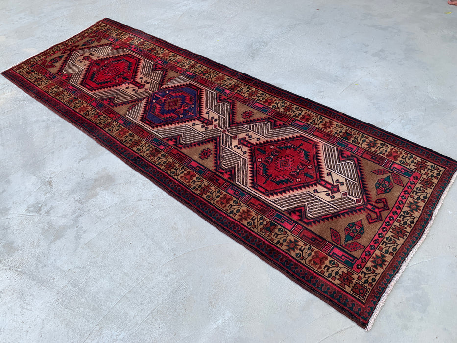 9'9" x 2'4" Hand-Knotted Persian Wool Runner Rug – Camel, Red & Ivory Tribal Medallion Design – KBHM-800