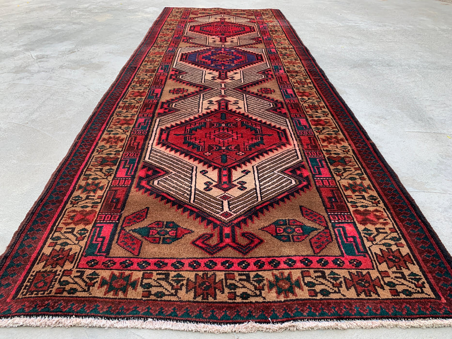 9'9" x 2'4" Hand-Knotted Persian Wool Runner Rug – Camel, Red & Ivory Tribal Medallion Design – KBHM-800