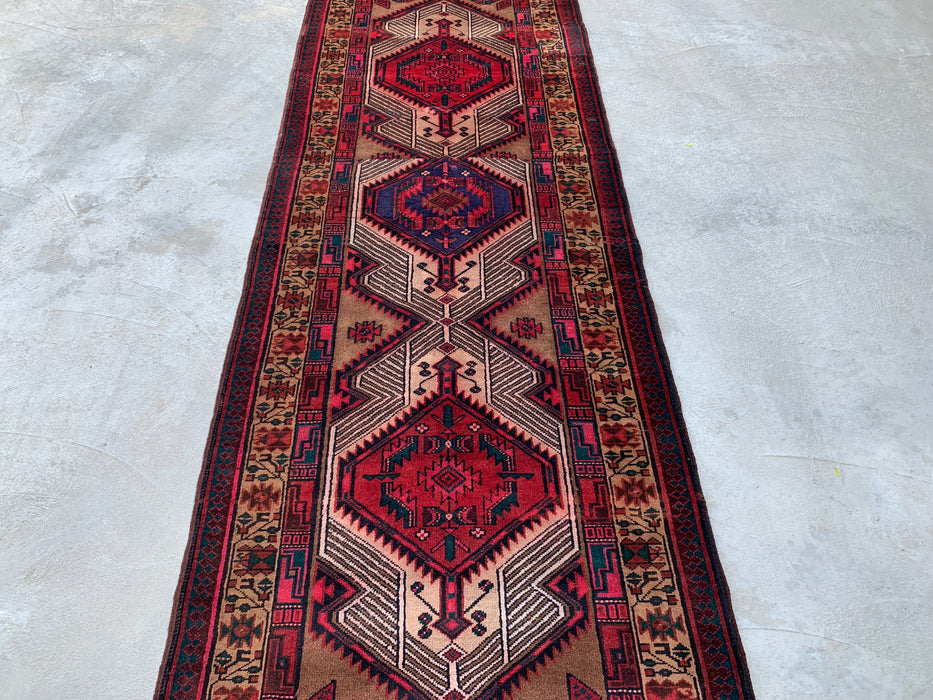 9'9" x 2'4" Hand-Knotted Persian Wool Runner Rug – Camel, Red & Ivory Tribal Medallion Design – KBHM-800