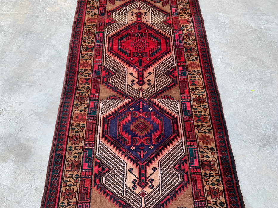 9'9" x 2'4" Hand-Knotted Persian Wool Runner Rug – Camel, Red & Ivory Tribal Medallion Design – KBHM-800