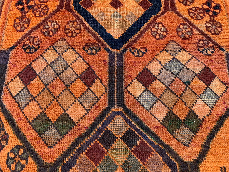 11'1" x 3'9" Hand-Knotted Persian Wool Runner Rug – Peach, Navy & Multicolor Tribal Geometric Panel Design – KBHM-801