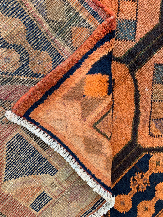 11'1" x 3'9" Hand-Knotted Persian Wool Runner Rug – Peach, Navy & Multicolor Tribal Geometric Panel Design – KBHM-801