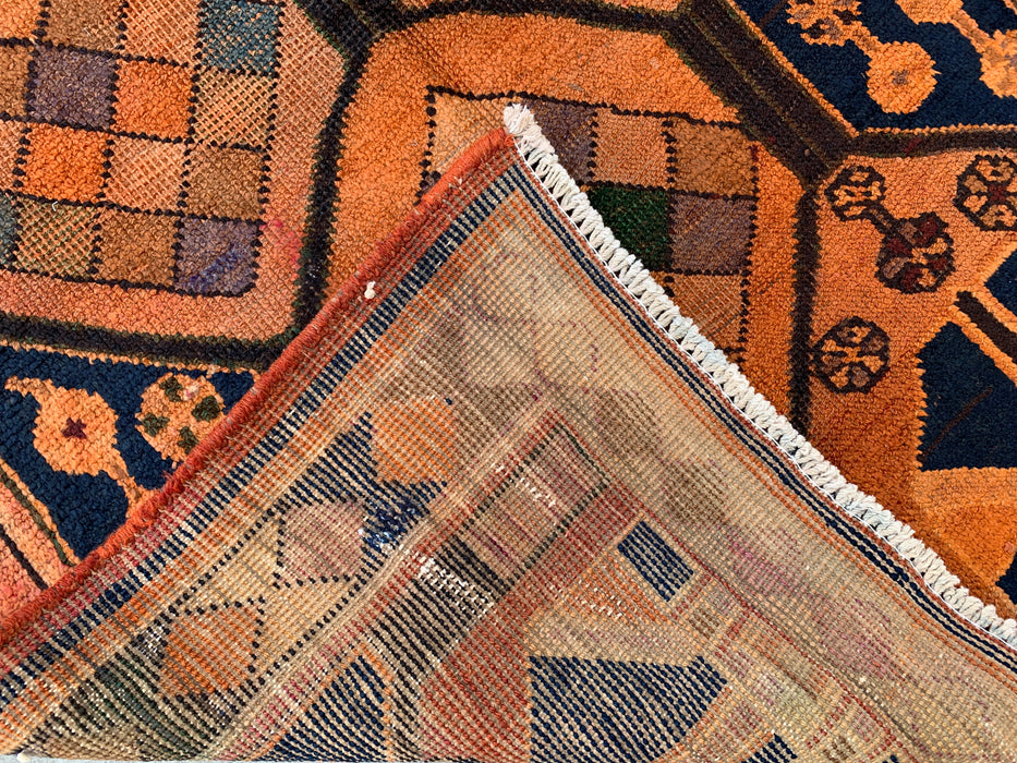 11'1" x 3'9" Hand-Knotted Persian Wool Runner Rug – Peach, Navy & Multicolor Tribal Geometric Panel Design – KBHM-801