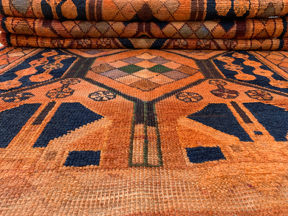 11'1" x 3'9" Hand-Knotted Persian Wool Runner Rug – Peach, Navy & Multicolor Tribal Geometric Panel Design – KBHM-801