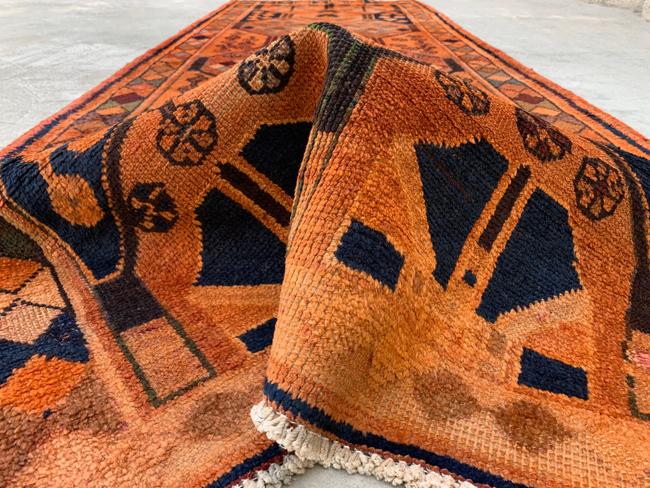 11'1" x 3'9" Hand-Knotted Persian Wool Runner Rug – Peach, Navy & Multicolor Tribal Geometric Panel Design – KBHM-801