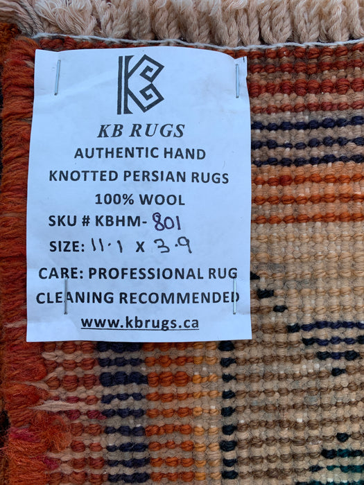 11'1" x 3'9" Hand-Knotted Persian Wool Runner Rug – Peach, Navy & Multicolor Tribal Geometric Panel Design – KBHM-801