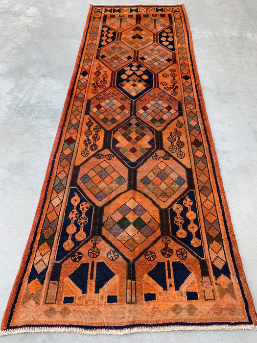 11'1" x 3'9" Hand-Knotted Persian Wool Runner Rug – Peach, Navy & Multicolor Tribal Geometric Panel Design – KBHM-801