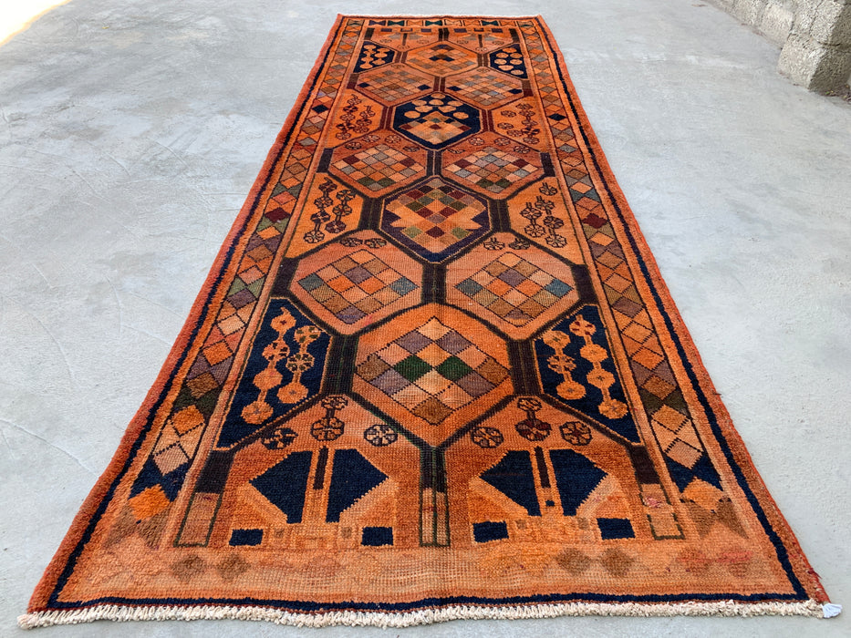 11'1" x 3'9" Hand-Knotted Persian Wool Runner Rug – Peach, Navy & Multicolor Tribal Geometric Panel Design – KBHM-801