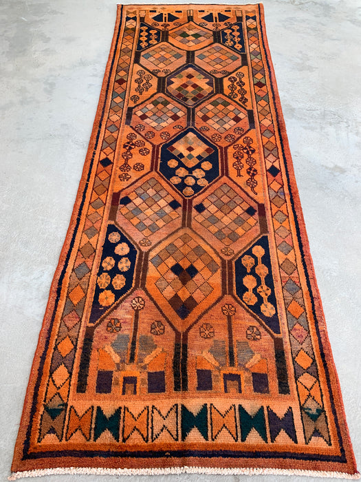 11'1" x 3'9" Hand-Knotted Persian Wool Runner Rug – Peach, Navy & Multicolor Tribal Geometric Panel Design – KBHM-801