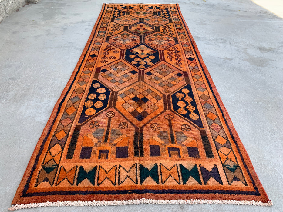 11'1" x 3'9" Hand-Knotted Persian Wool Runner Rug – Peach, Navy & Multicolor Tribal Geometric Panel Design – KBHM-801