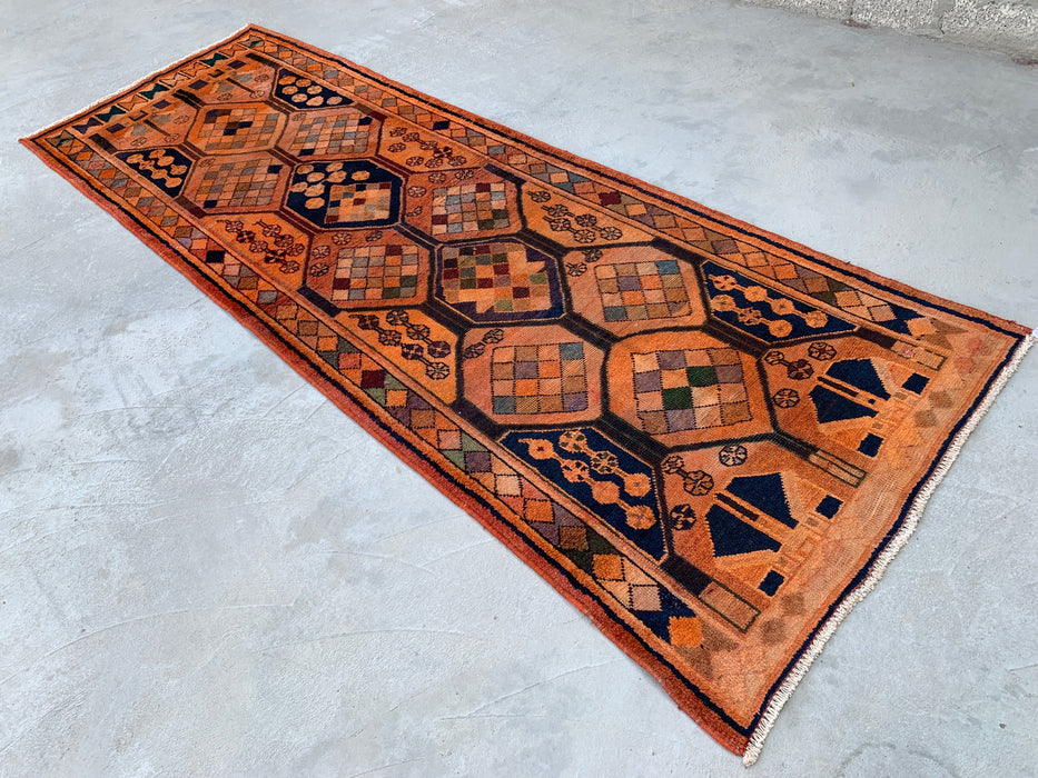 11'1" x 3'9" Hand-Knotted Persian Wool Runner Rug – Peach, Navy & Multicolor Tribal Geometric Panel Design – KBHM-801