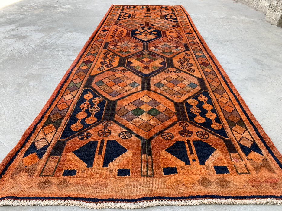 11'1" x 3'9" Hand-Knotted Persian Wool Runner Rug – Peach, Navy & Multicolor Tribal Geometric Panel Design – KBHM-801