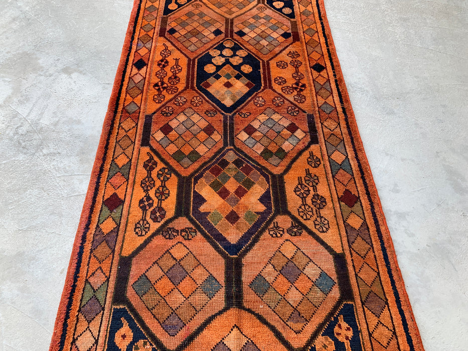 11'1" x 3'9" Hand-Knotted Persian Wool Runner Rug – Peach, Navy & Multicolor Tribal Geometric Panel Design – KBHM-801