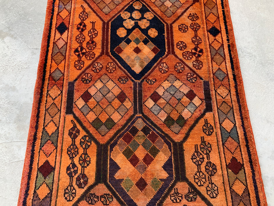 11'1" x 3'9" Hand-Knotted Persian Wool Runner Rug – Peach, Navy & Multicolor Tribal Geometric Panel Design – KBHM-801