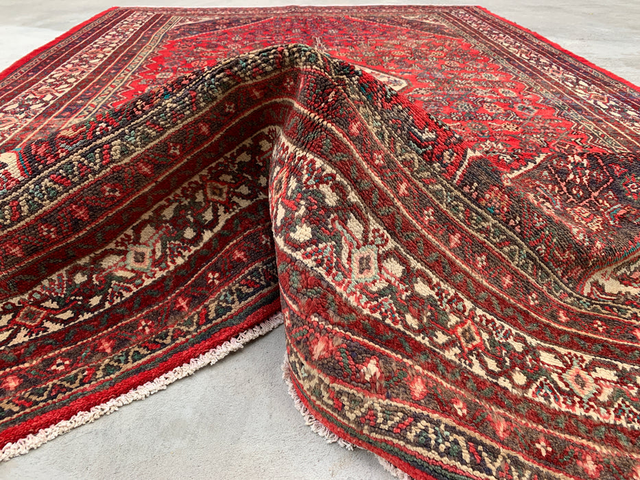Handmade Persian Wool Area Rug 7x10 - Red, Ivory & Charcoal Tribal Medallion Persian Style Rug - Exact Size 10'3" x 6'11" - KBHM-802
