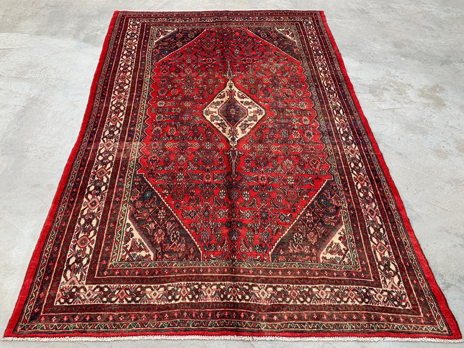 Handmade Persian Wool Area Rug 7x10 - Red, Ivory & Charcoal Tribal Medallion Persian Style Rug - Exact Size 10'3" x 6'11" - KBHM-802