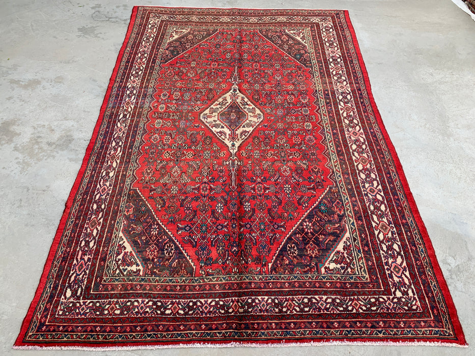 Handmade Persian Wool Area Rug 7x10 - Red, Ivory & Charcoal Tribal Medallion Persian Style Rug - Exact Size 10'3" x 6'11" - KBHM-802