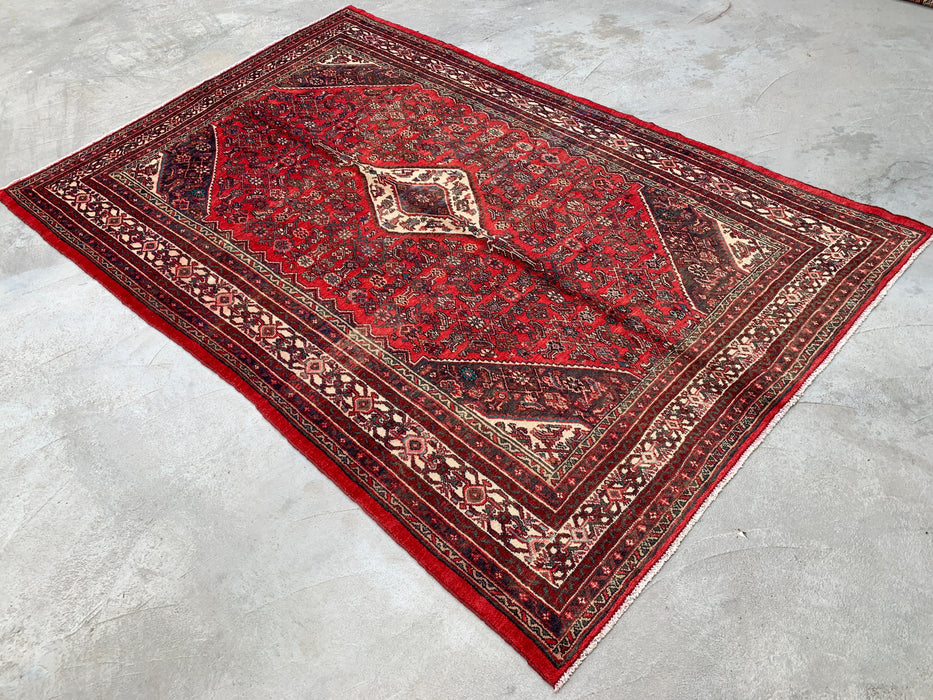 Handmade Persian Wool Area Rug 7x10 - Red, Ivory & Charcoal Tribal Medallion Persian Style Rug - Exact Size 10'3" x 6'11" - KBHM-802