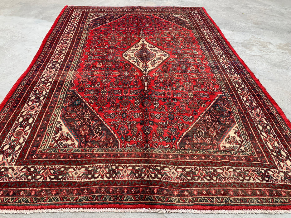 Handmade Persian Wool Area Rug 7x10 - Red, Ivory & Charcoal Tribal Medallion Persian Style Rug - Exact Size 10'3" x 6'11" - KBHM-802