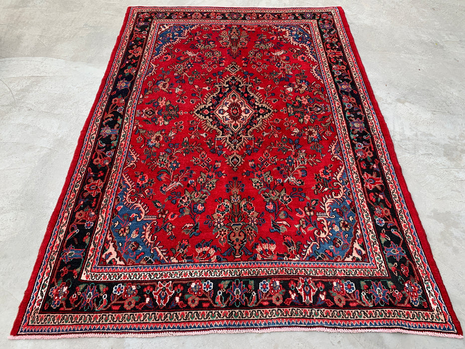 10'2" x 7'1" Hand-Knotted Persian Wool Rug – Red, Navy & Ivory Floral Medallion Design – KBHM-803