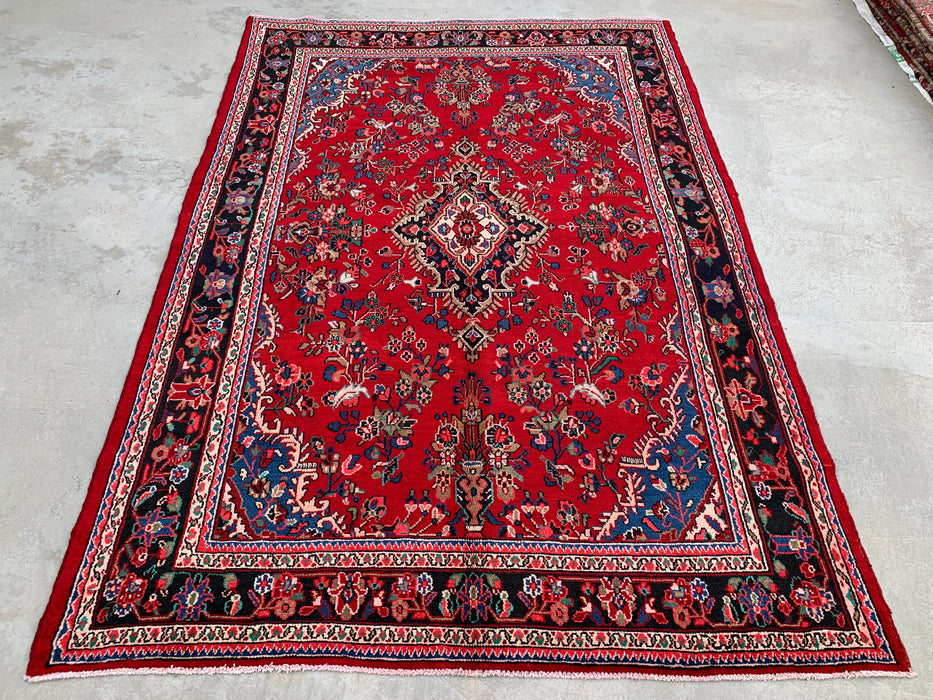 10'2" x 7'1" Hand-Knotted Persian Wool Rug – Red, Navy & Ivory Floral Medallion Design – KBHM-803