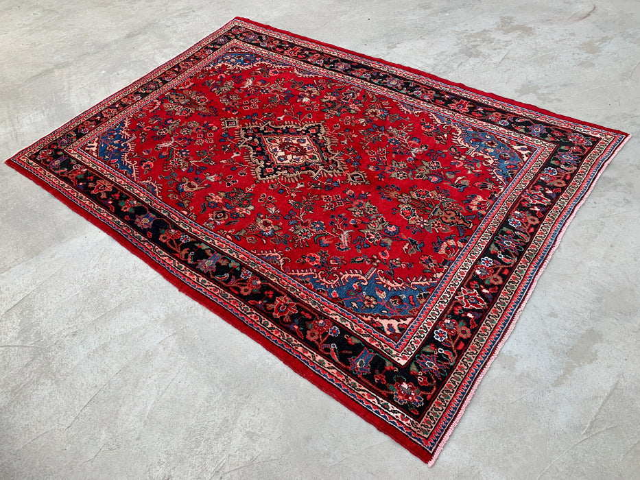 10'2" x 7'1" Hand-Knotted Persian Wool Rug – Red, Navy & Ivory Floral Medallion Design – KBHM-803