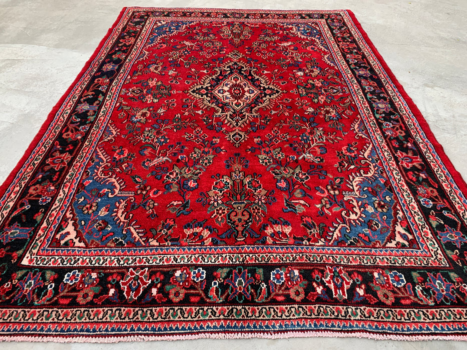 10'2" x 7'1" Hand-Knotted Persian Wool Rug – Red, Navy & Ivory Floral Medallion Design – KBHM-803
