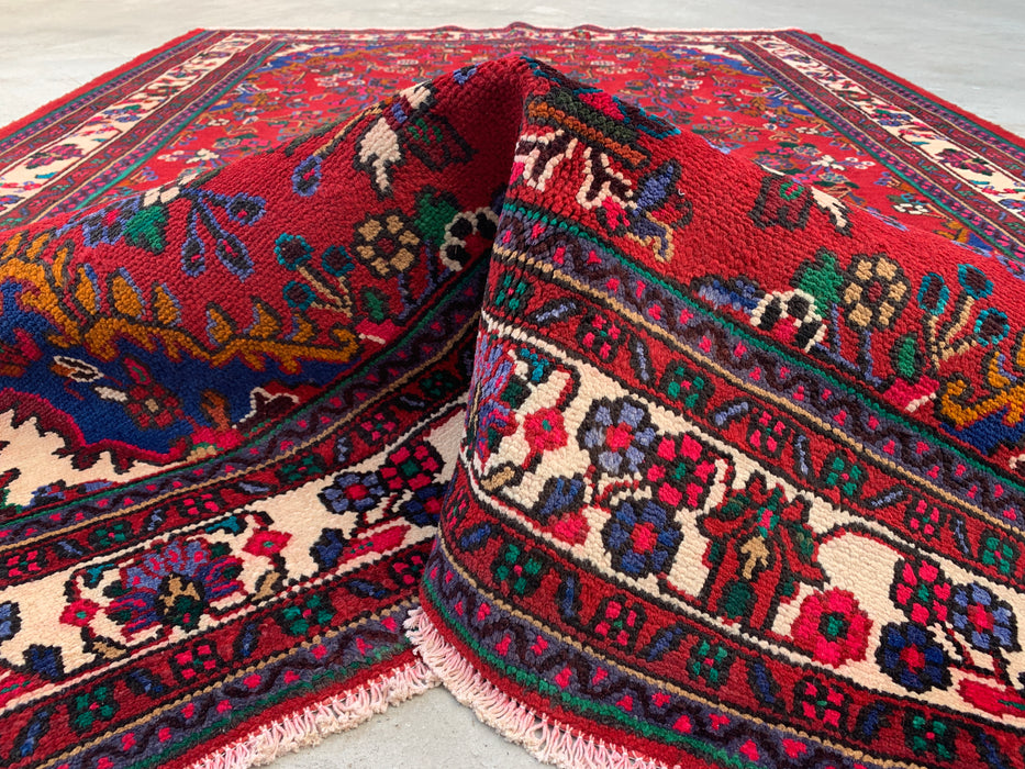 Handmade Persian Wool Area Rug 7x10 - Red, Ivory & Blue Floral Medallion Persian Style Rug - Exact Size 9'11" x 6'11" - KBHM-805