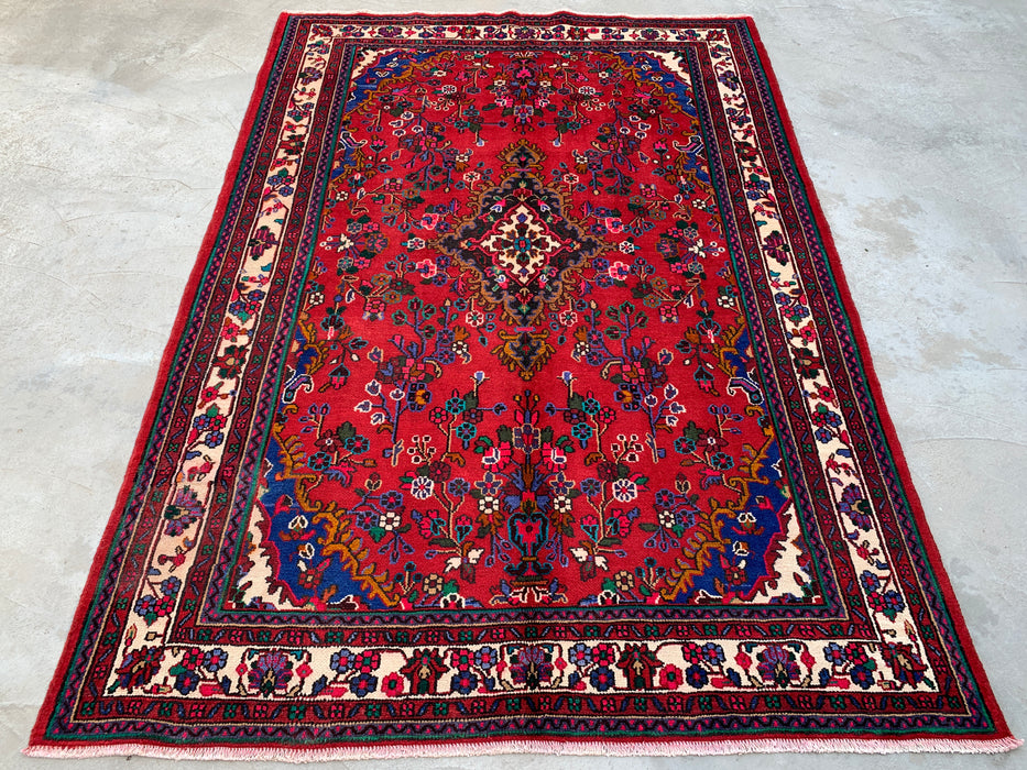Handmade Persian Wool Area Rug 7x10 - Red, Ivory & Blue Floral Medallion Persian Style Rug - Exact Size 9'11" x 6'11" - KBHM-805