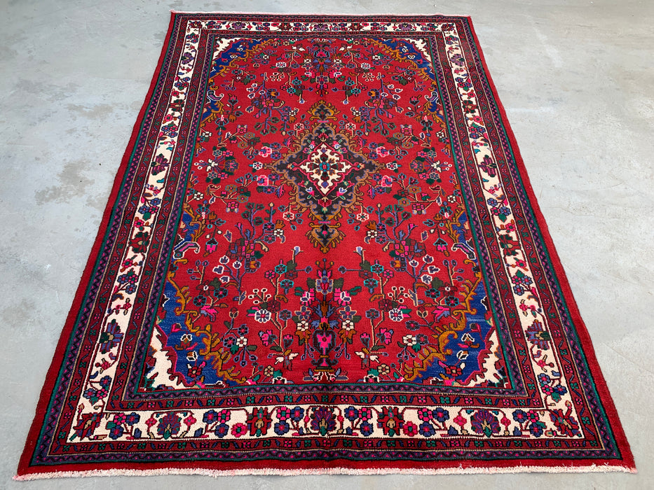 Handmade Persian Wool Area Rug 7x10 - Red, Ivory & Blue Floral Medallion Persian Style Rug - Exact Size 9'11" x 6'11" - KBHM-805