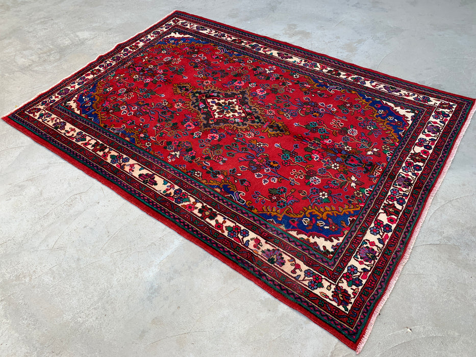 Handmade Persian Wool Area Rug 7x10 - Red, Ivory & Blue Floral Medallion Persian Style Rug - Exact Size 9'11" x 6'11" - KBHM-805