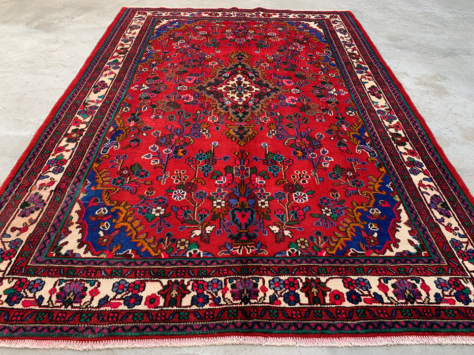 Handmade Persian Wool Area Rug 7x10 - Red, Ivory & Blue Floral Medallion Persian Style Rug - Exact Size 9'11" x 6'11" - KBHM-805