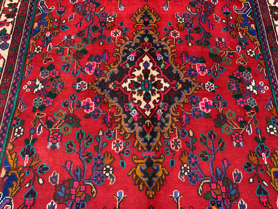 Handmade Persian Wool Area Rug 7x10 - Red, Ivory & Blue Floral Medallion Persian Style Rug - Exact Size 9'11" x 6'11" - KBHM-805