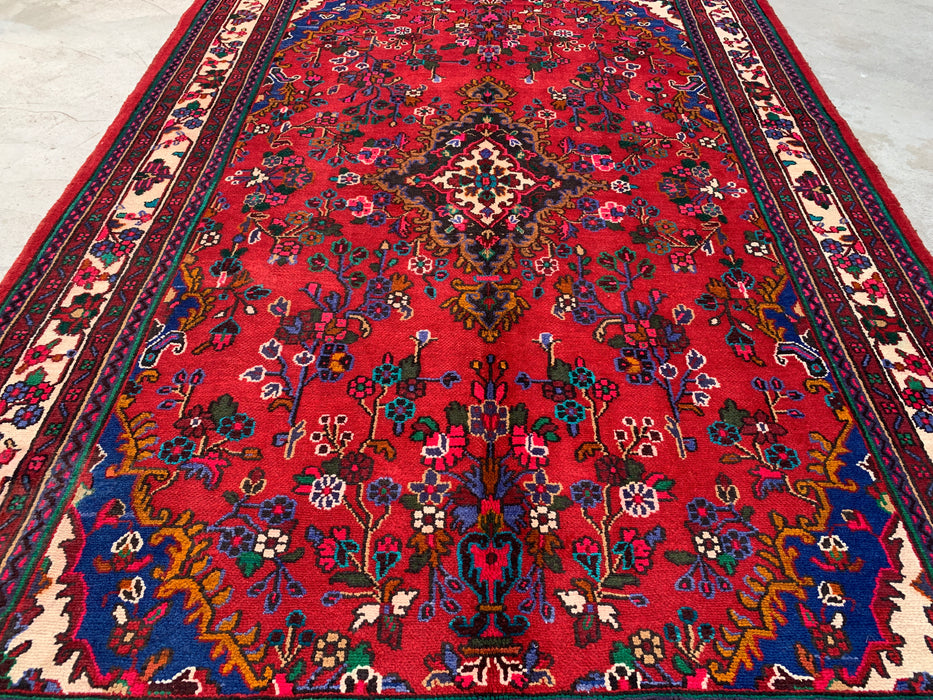Handmade Persian Wool Area Rug 7x10 - Red, Ivory & Blue Floral Medallion Persian Style Rug - Exact Size 9'11" x 6'11" - KBHM-805