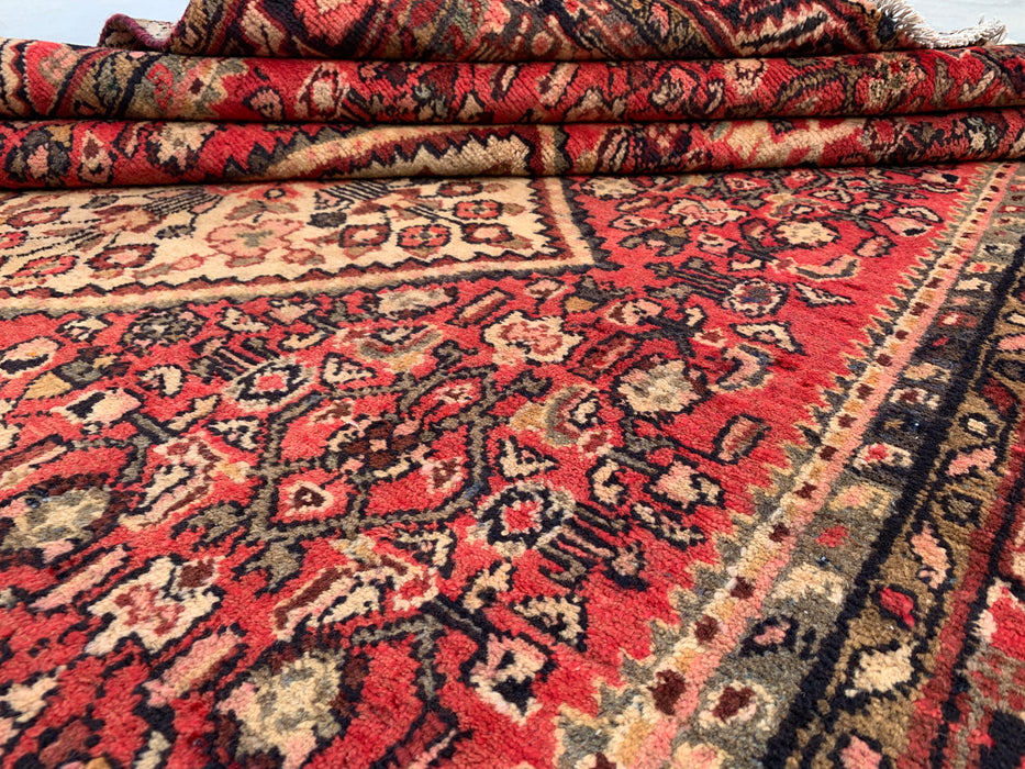 8'9" x 5'1" Hand-Knotted Persian Wool Rug – Red, Ivory & Navy Geometric Medallion Design – KBHM-807