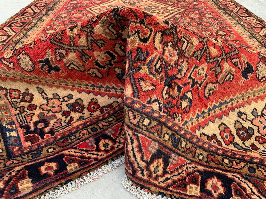 8'9" x 5'1" Hand-Knotted Persian Wool Rug – Red, Ivory & Navy Geometric Medallion Design – KBHM-807