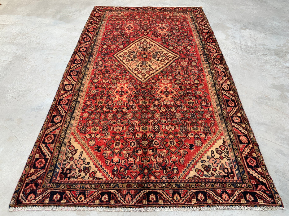 8'9" x 5'1" Hand-Knotted Persian Wool Rug – Red, Ivory & Navy Geometric Medallion Design – KBHM-807